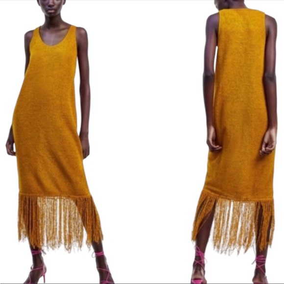 Zara Dresses & Skirts - Zara Mustard Yellow Knit Tank Dress with Fringe Sleeveless Scoop Neck Woven Knit